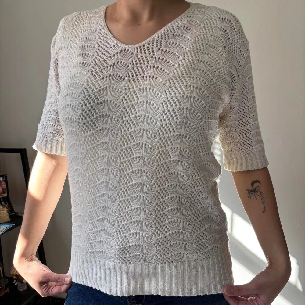 Vintage Cottagecore White Knitted Ethereal Cotton Euro Top - Size Large - Picture 2 of 7